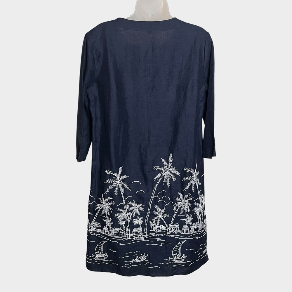 TALBOTS Linen Navy & White Embroidered & Beaded Beach Scene Dress Size Small - Picture 4 of 6